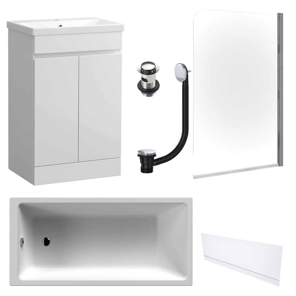 Waterproof 500mm Vanity Unit with Single Ended Bath, Gloss White Front Panel, Chrome Screen, Bath & Slotted Basin Waste