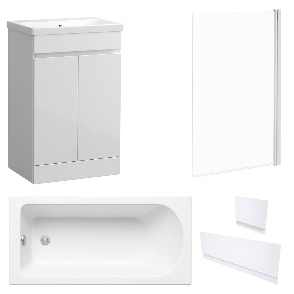 Waterproof 500mm Vanity Unit with Single Ended Bath, Gloss White Panels & Chrome Profile Bath Screen