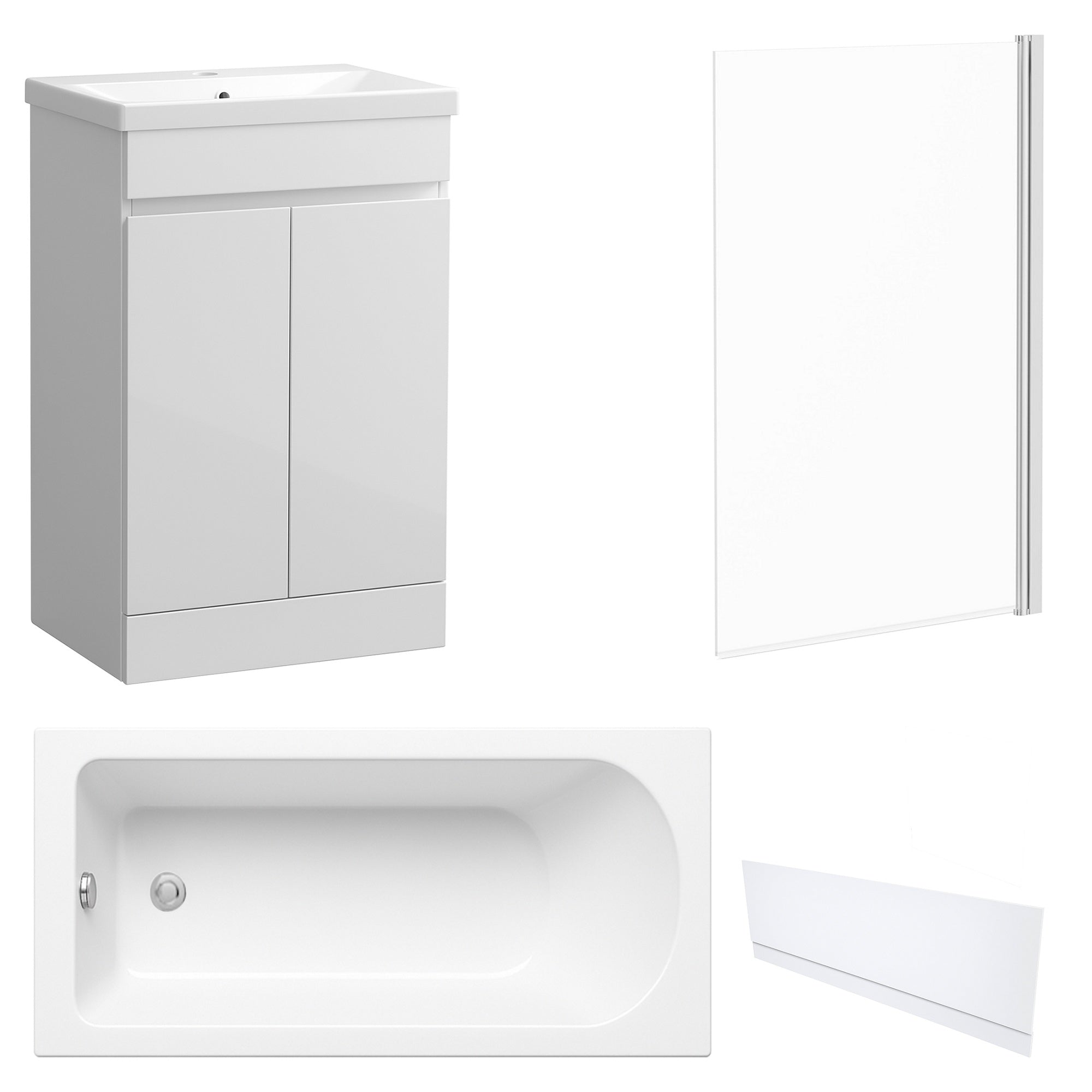 Waterproof 500mm Vanity Unit with Single Ended Bath, Gloss White Front Panel & Chrome Profile Bath Screen