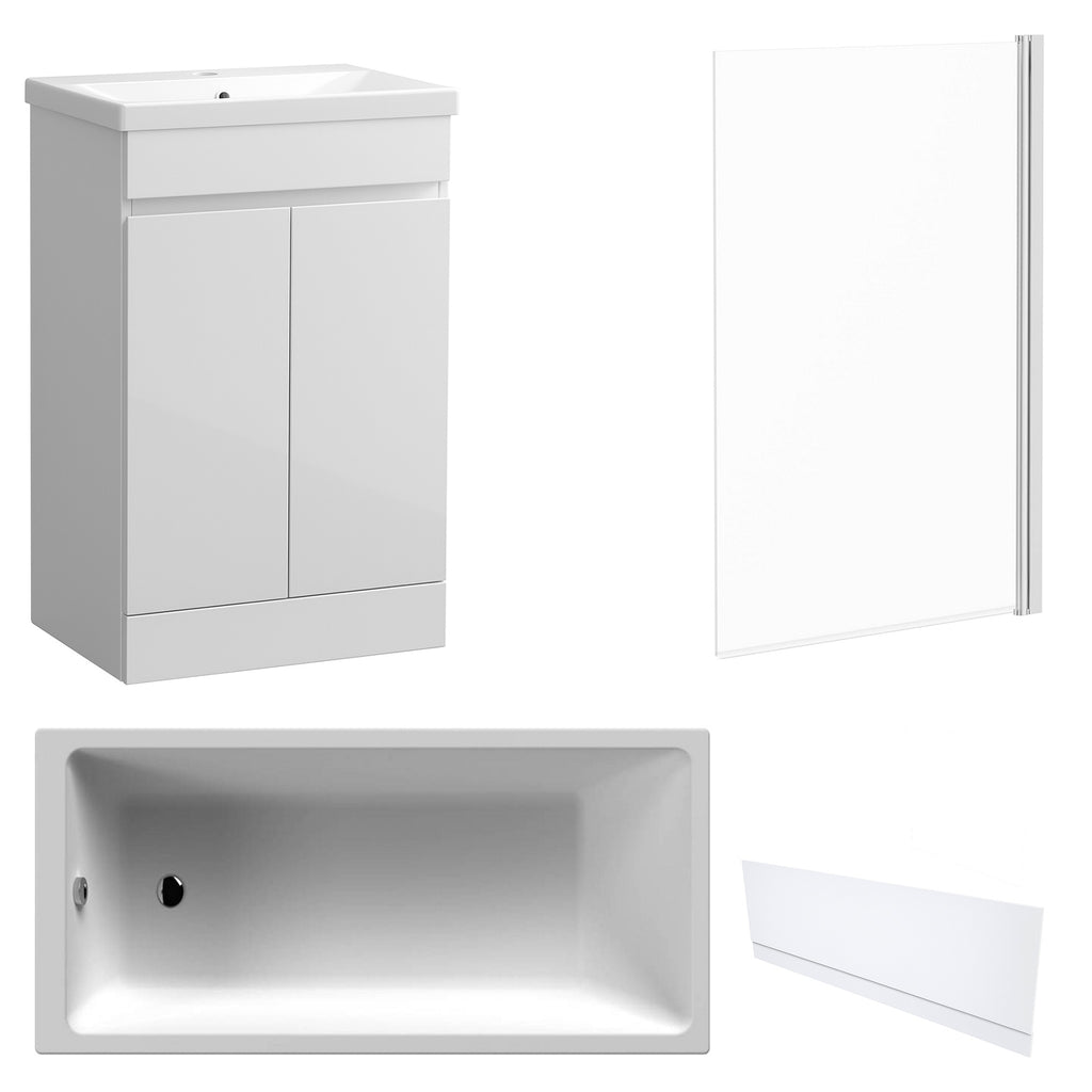 Waterproof 500mm Vanity Unit with Single Ended Bath, Gloss White Front Panel & Chrome Profile Bath Screen