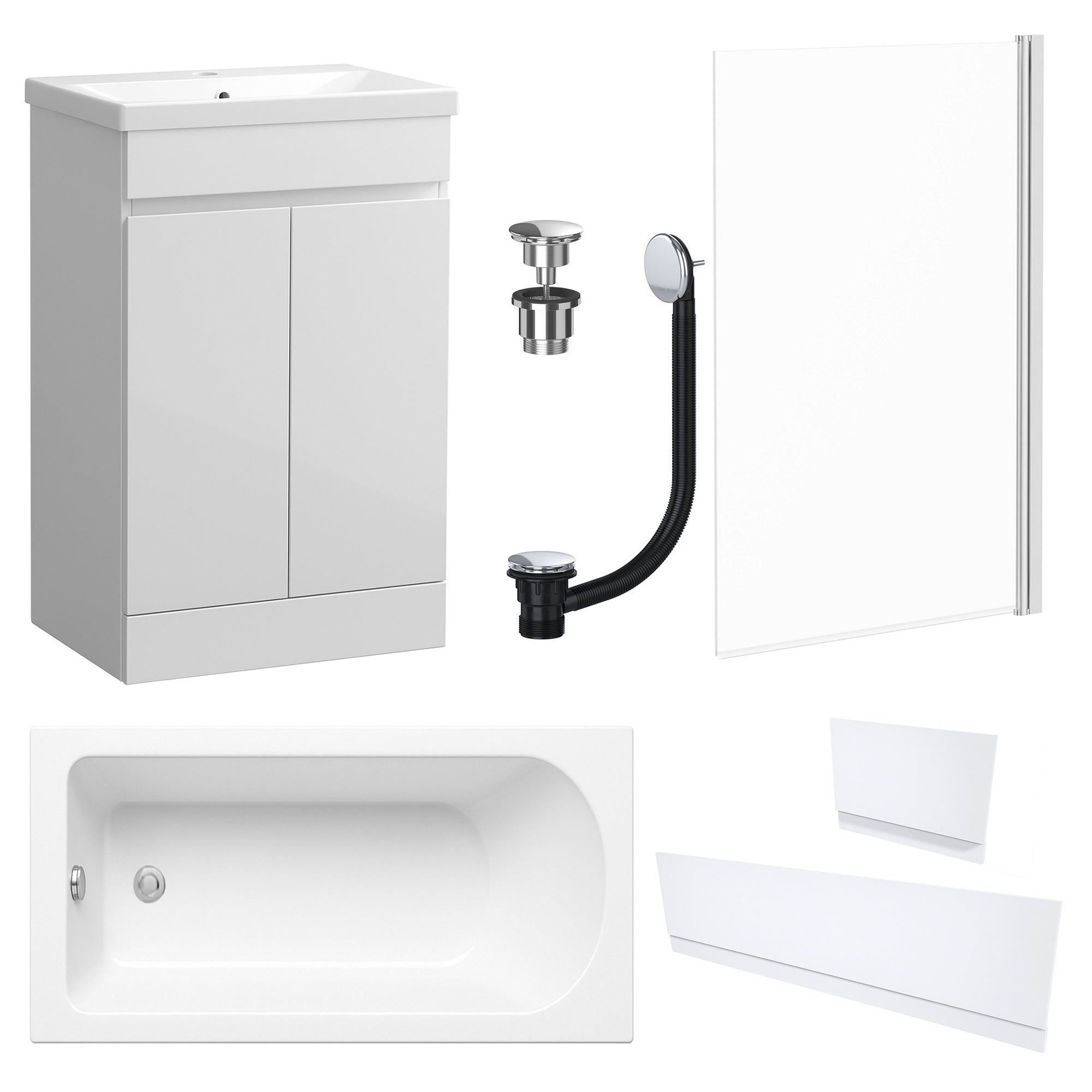 Waterproof 500mm Vanity Unit with Single Ended Bath, Gloss White Panels, Chrome Screen, Bath & Universal Basin Waste