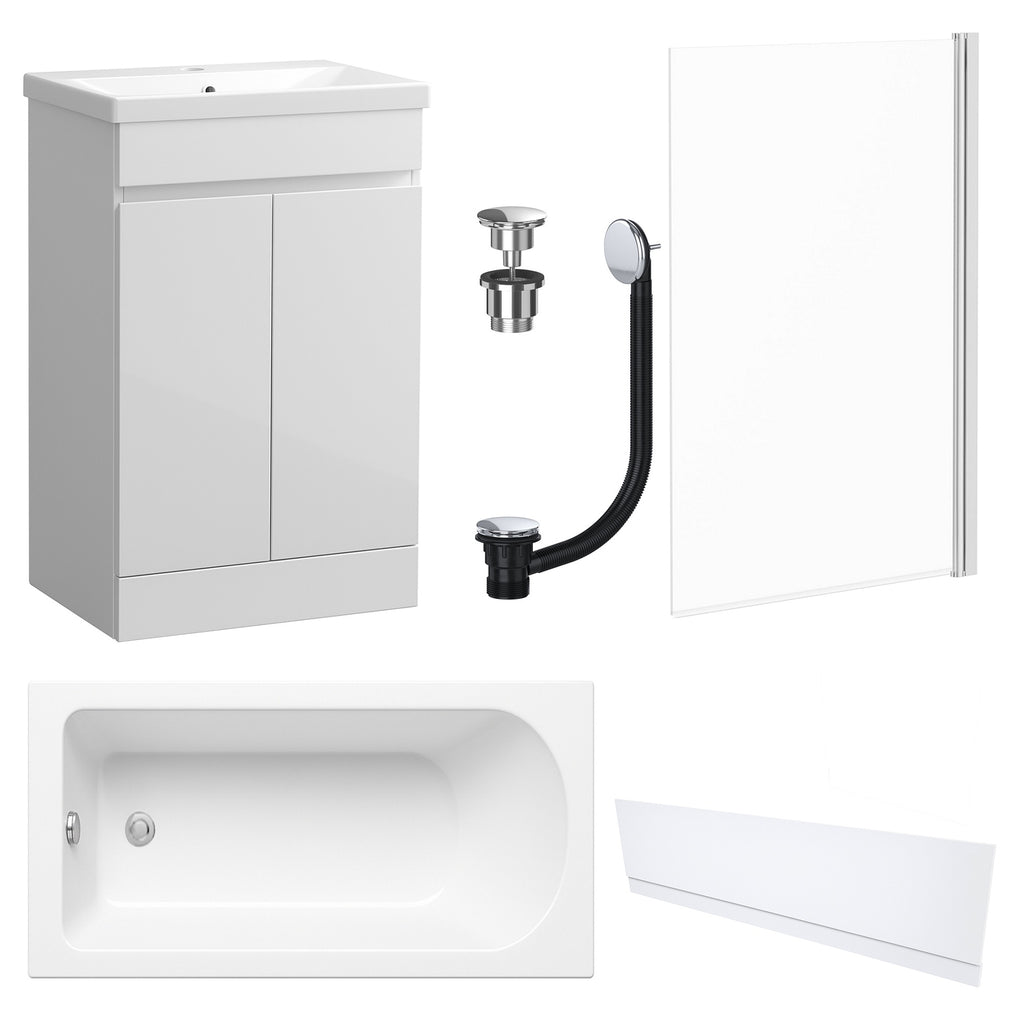 Waterproof 500mm Vanity Unit with Single Ended Bath, Gloss White Front Panel, Chrome Screen, Bath & Universal Basin Waste
