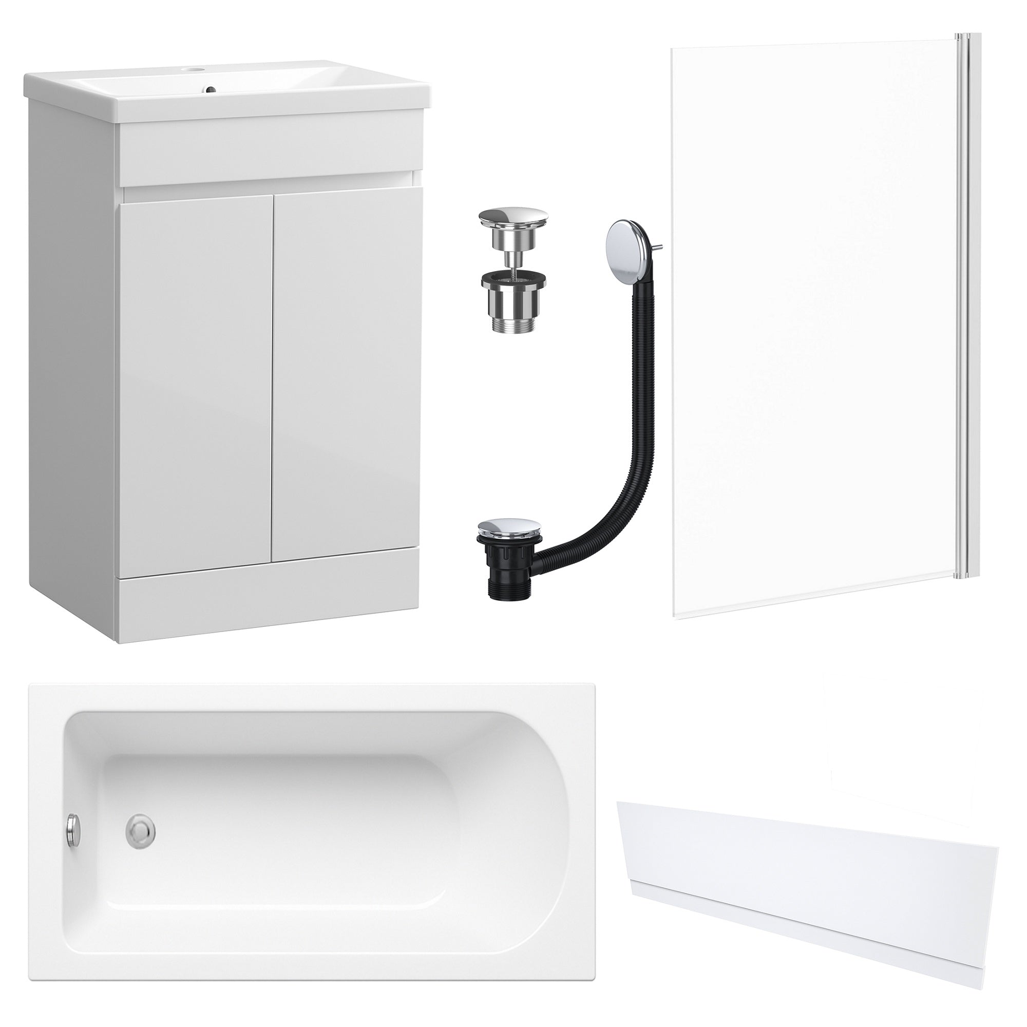 Waterproof 500mm Vanity Unit with Single Ended Bath, Gloss White Front Panel, Chrome Screen, Bath & Universal Basin Waste