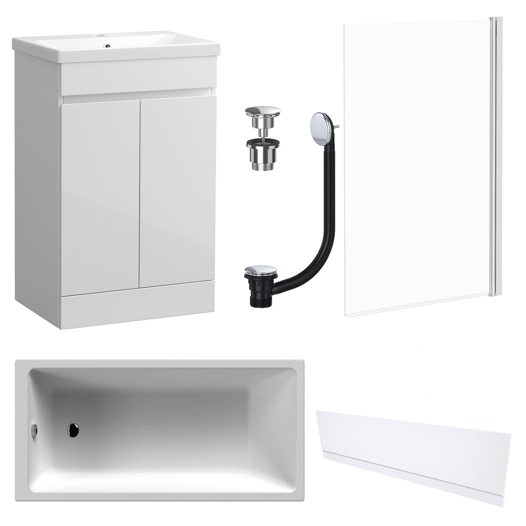 Waterproof 500mm Vanity Unit with Single Ended Bath, Gloss White Front Panel, Chrome Screen, Bath & Universal Basin Waste