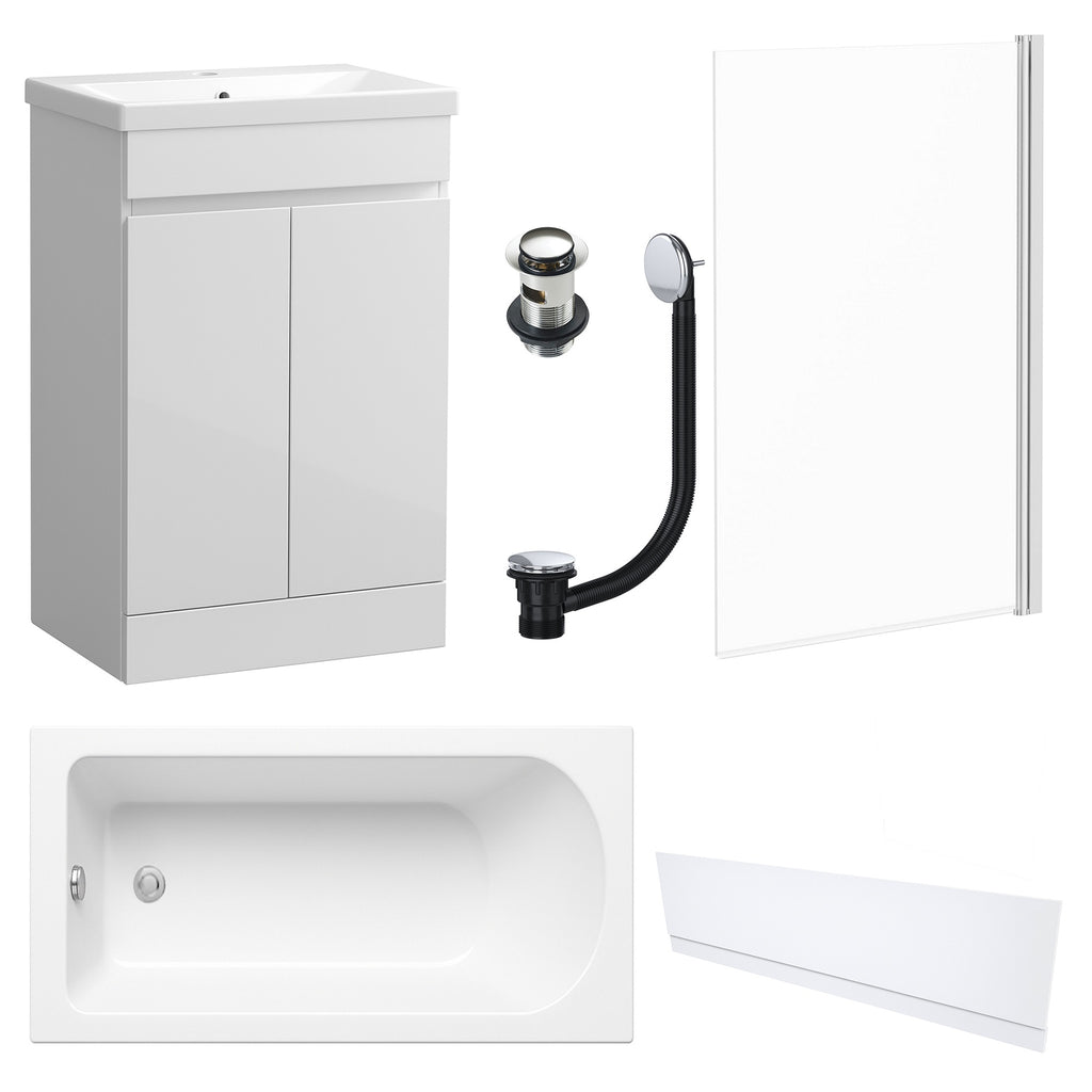 Waterproof 500mm Vanity Unit with Single Ended Bath, Gloss White Front Panel, Chrome Screen, Bath & Slotted Basin Waste
