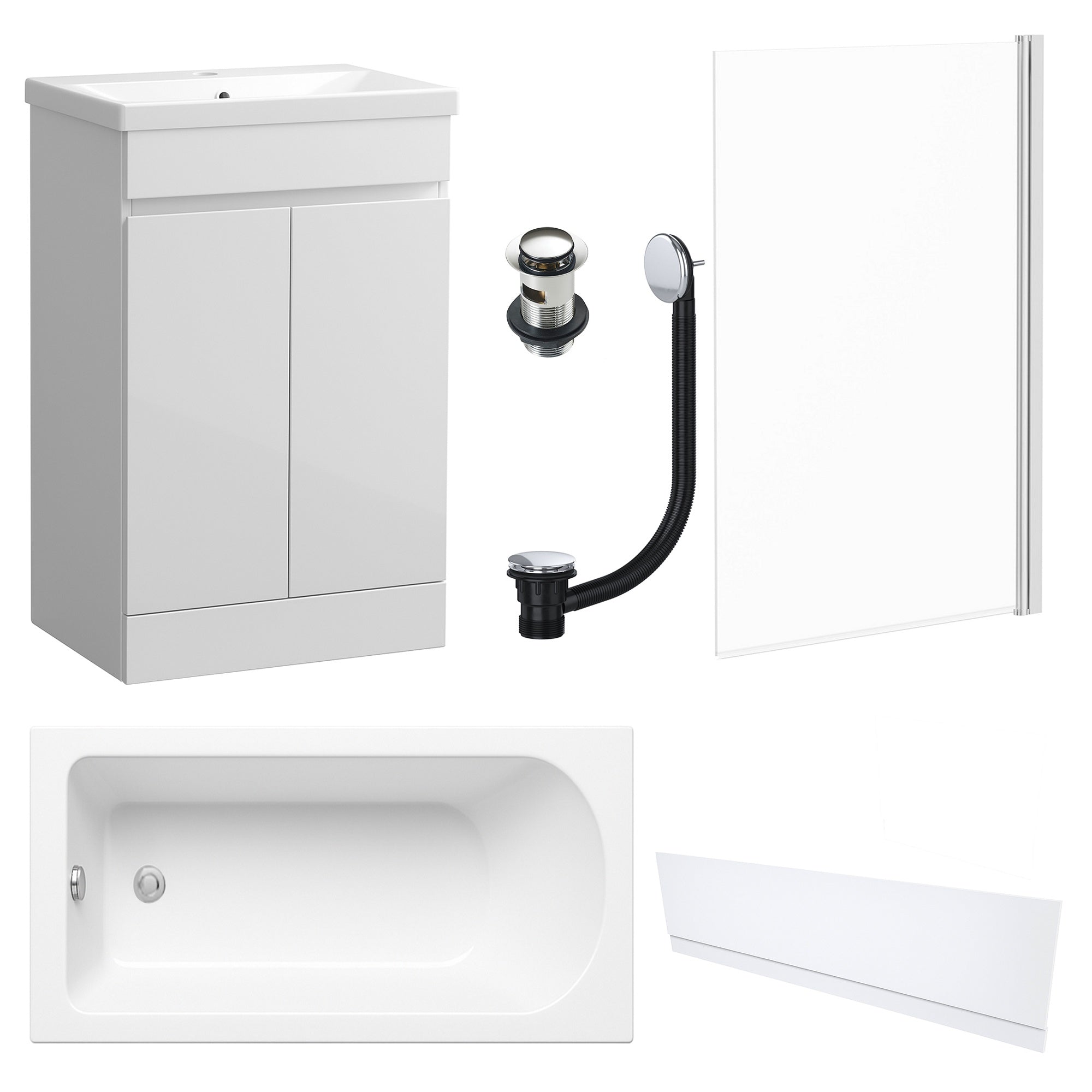 Waterproof 500mm Vanity Unit with Single Ended Bath, Gloss White Front Panel, Chrome Screen, Bath & Slotted Basin Waste
