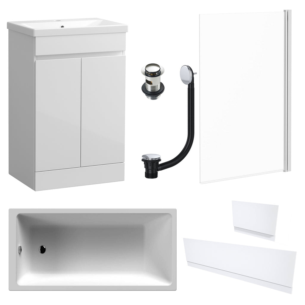 Waterproof 500mm Vanity Unit with Single Ended Bath, Gloss White Panels, Chrome Screen, Bath & Slotted Basin Waste