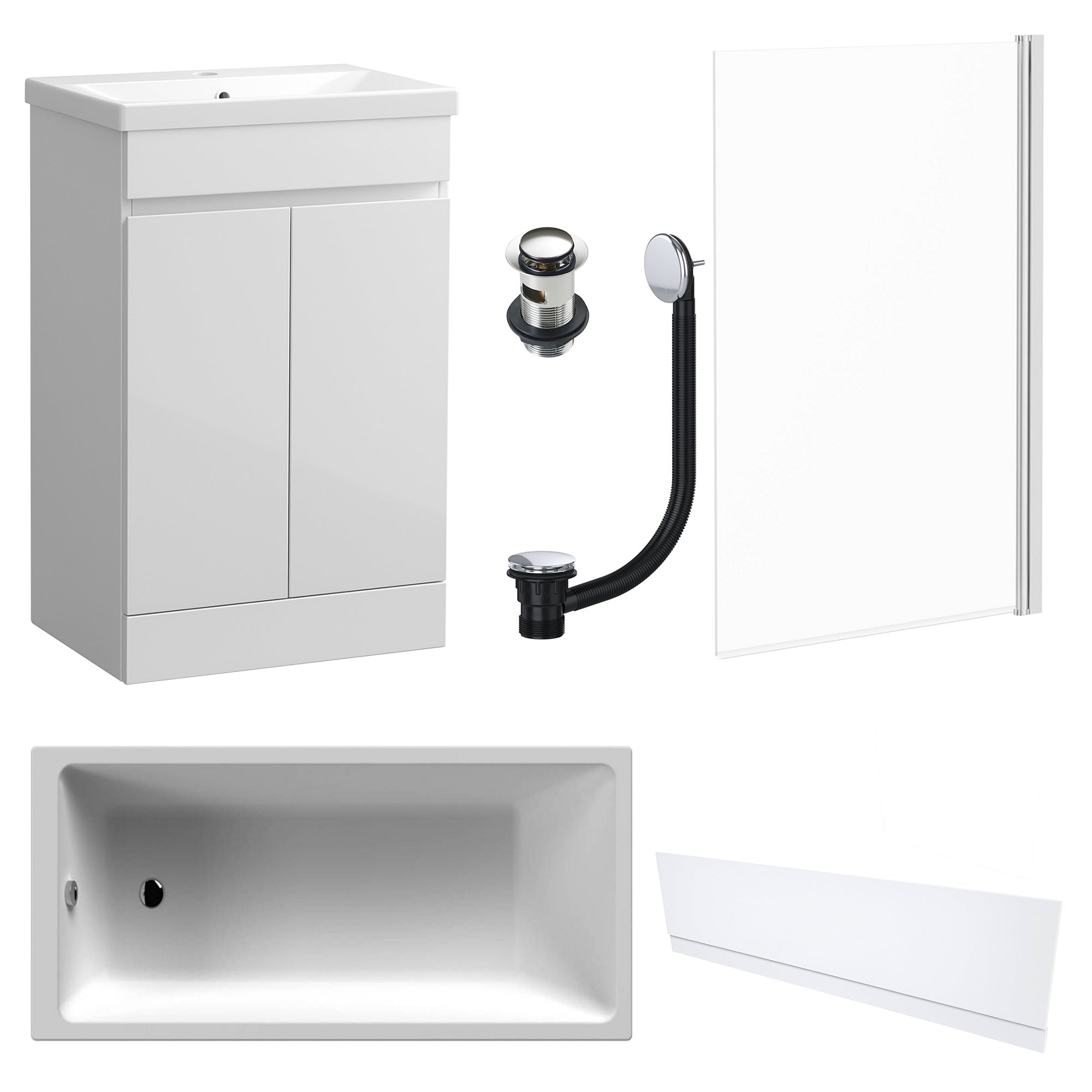 Waterproof 500mm Vanity Unit with Single Ended Bath, Gloss White Front Panel, Chrome Screen, Bath & Slotted Basin Waste