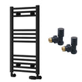 Reina Capo Flat Black Bathroom Heated Towel Rail 800 x 400mm with Manual Angled Valves - Stylish Mild Steel Ladder Radiator