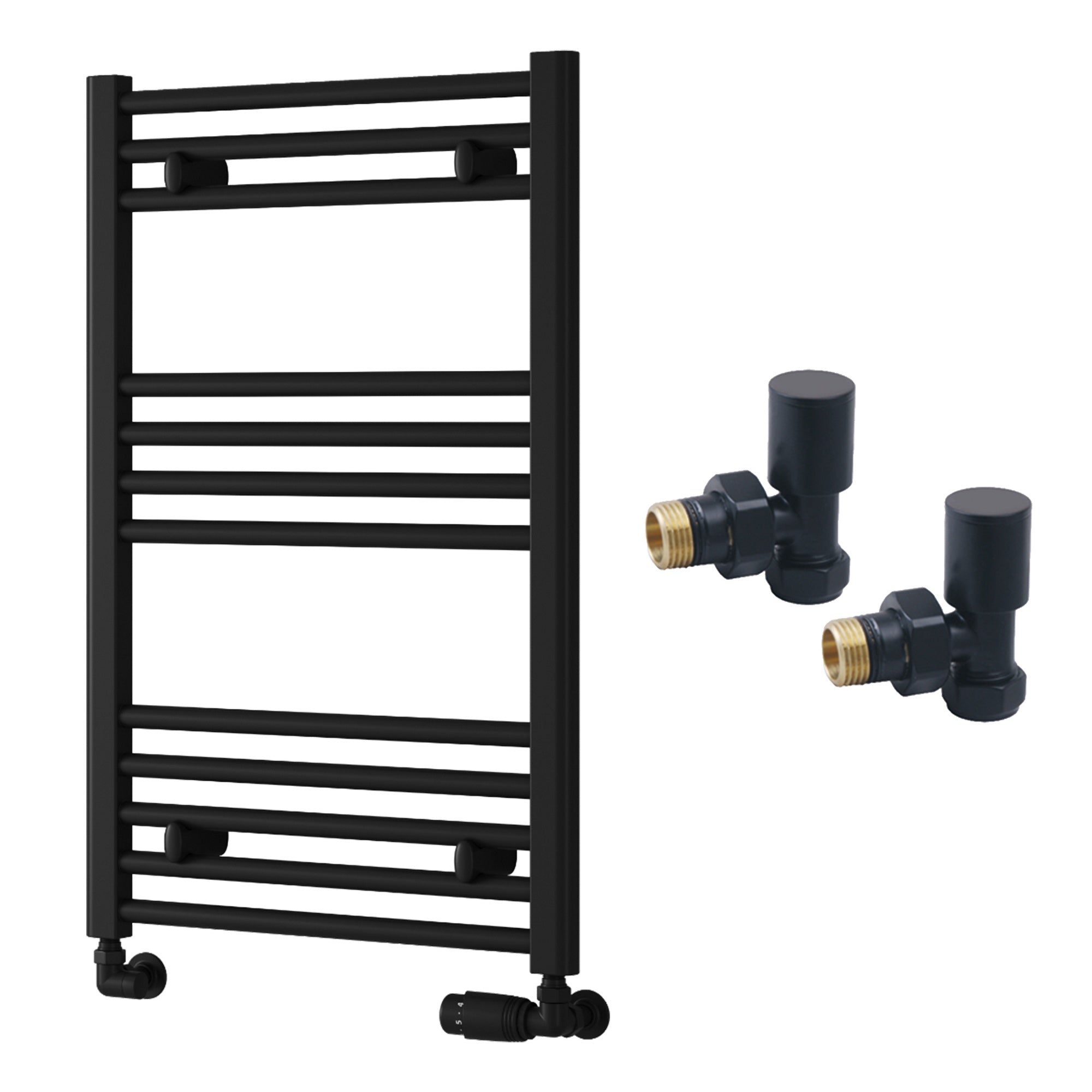 Reina Capo Flat Black Bathroom Heated Towel Rail 800 x 500mm with Manual Angled Valves - Stylish Mild Steel Ladder Radiator
