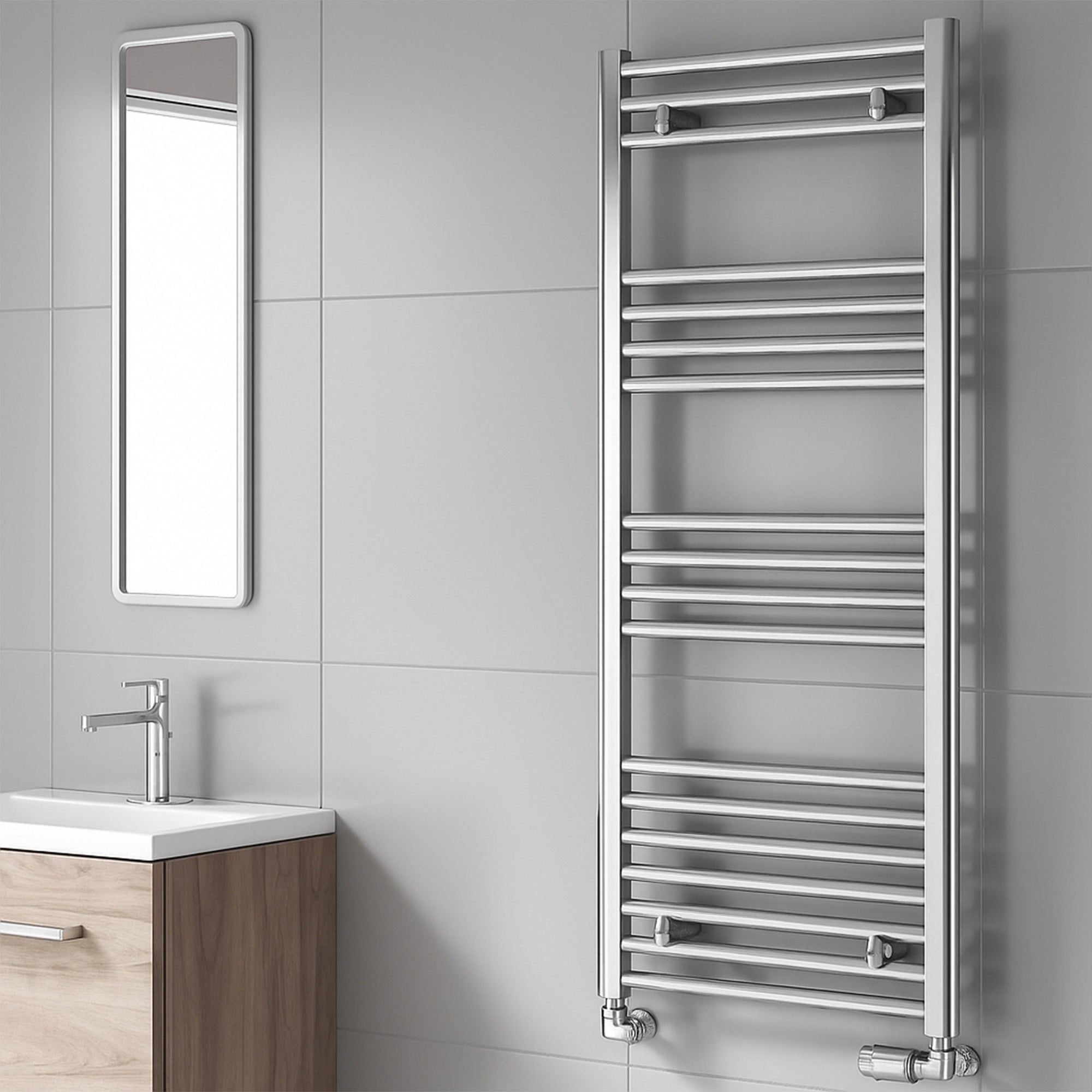 Reina Capo Flat Chrome Bathroom Heated Towel Rail 1800 x 600mm - Stylish Mild Steel Ladder Radiator