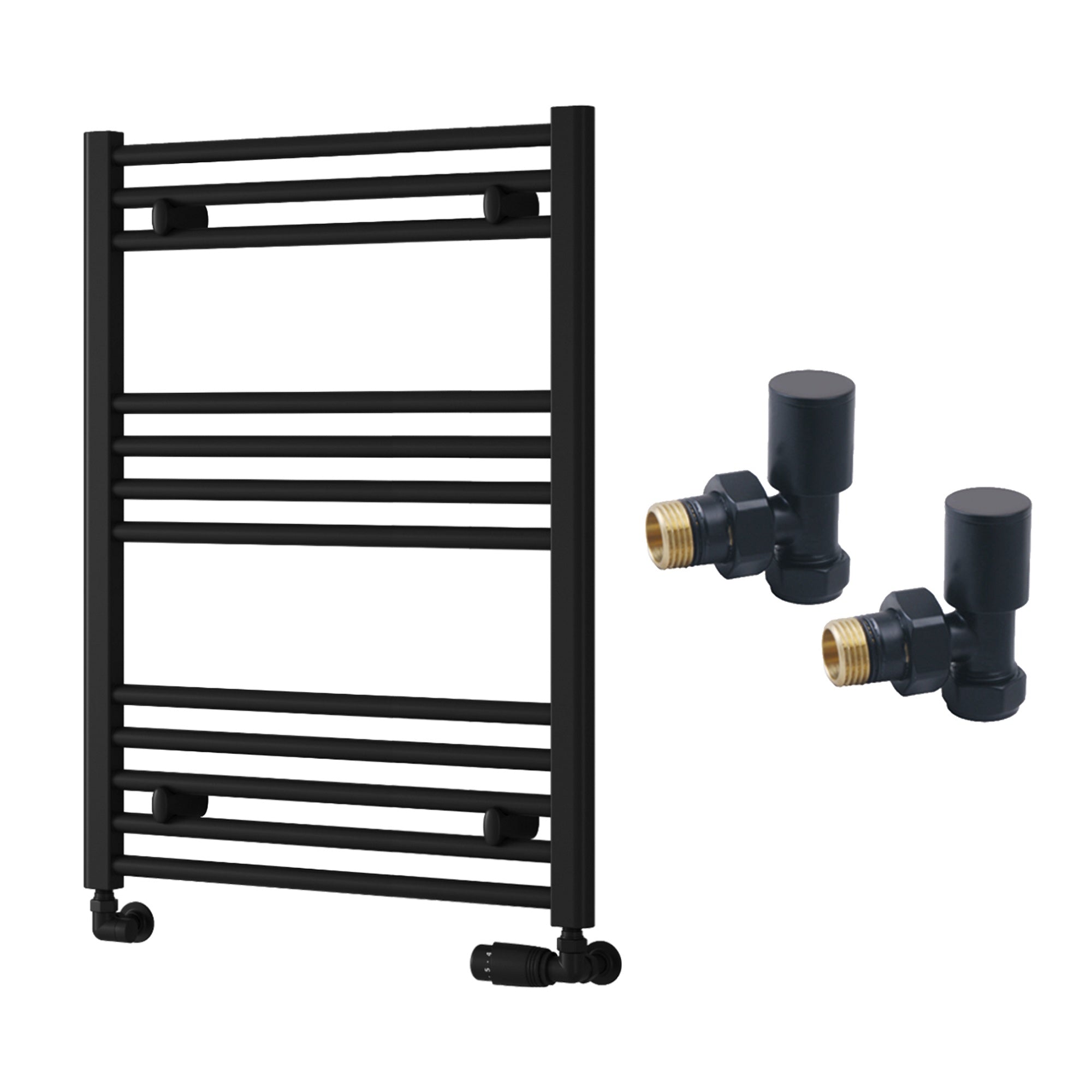 Reina Capo Flat Black Bathroom Heated Towel Rail 800 x 600mm with Manual Angled Valves - Stylish Mild Steel Ladder Radiator