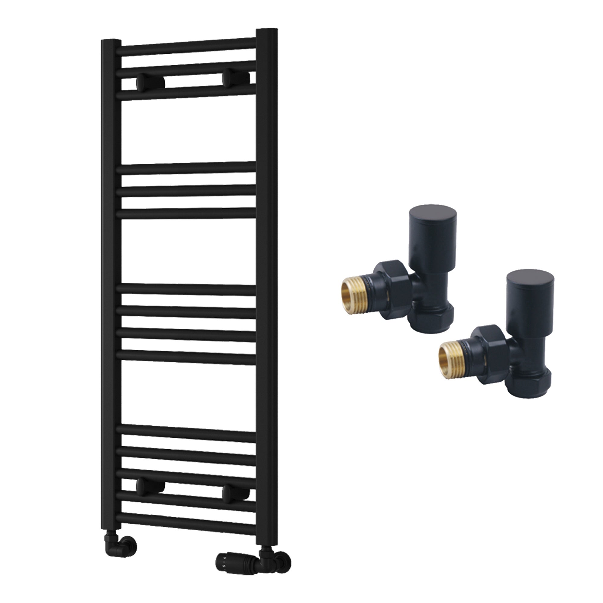 Reina Capo Flat Black Bathroom Heated Towel Rail 1000 x 400mm with Manual Angled Valves - Stylish Mild Steel Ladder Radiator
