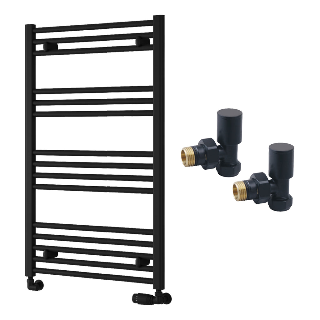 Reina Capo Flat Black Bathroom Heated Towel Rail 1000 x 600mm with Manual Angled Valves - Stylish Mild Steel Ladder Radiator