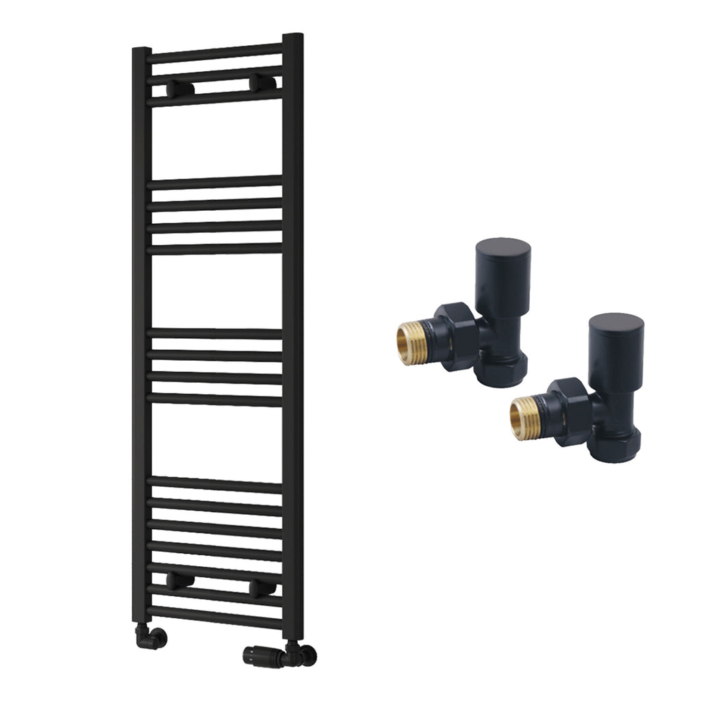 Reina Capo Flat Black Bathroom Heated Towel Rail 1200 x 400mm with Manual Angled Valves - Stylish Mild Steel Ladder Radiator