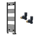 Reina Capo Flat Black Bathroom Heated Towel Rail 1200 x 400mm with Manual Angled Valves - Stylish Mild Steel Ladder Radiator