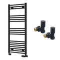 Reina Capo Flat Black Bathroom Heated Towel Rail 1200 x 500mm with Manual Angled Valves - Stylish Mild Steel Ladder Radiator