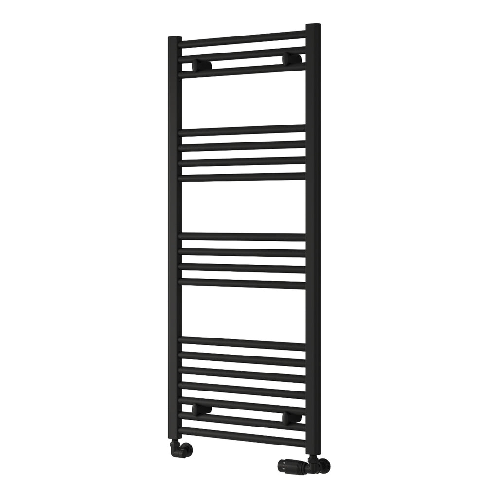 Reina Capo Flat Black Bathroom Heated Towel Rail 1200 x 500mm with Manual Angled Valves - Stylish Mild Steel Ladder Radiator