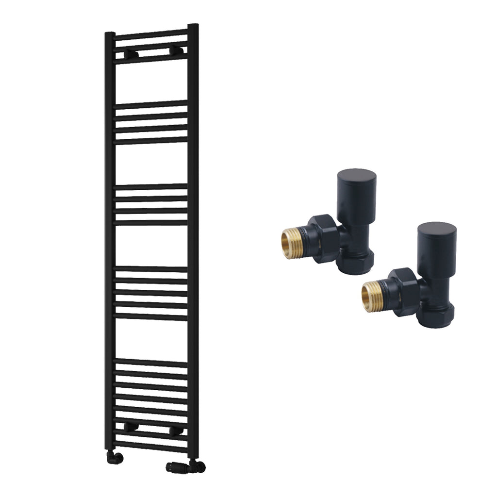Reina Capo Flat Black Bathroom Heated Towel Rail 1600 x 400mm with Manual Angled Valves - Stylish Mild Steel Ladder Radiator