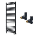 Reina Capo Flat Black Bathroom Heated Towel Rail 1600 x 500mm with Manual Angled Valves - Stylish Mild Steel Ladder Radiator