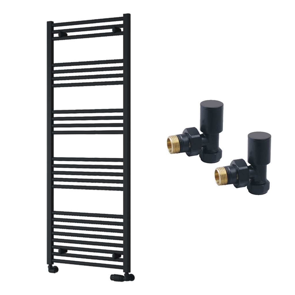 Reina Capo Flat Black Bathroom Heated Towel Rail 1600 x 600mm with Manual Angled Valves - Stylish Mild Steel Ladder Radiator