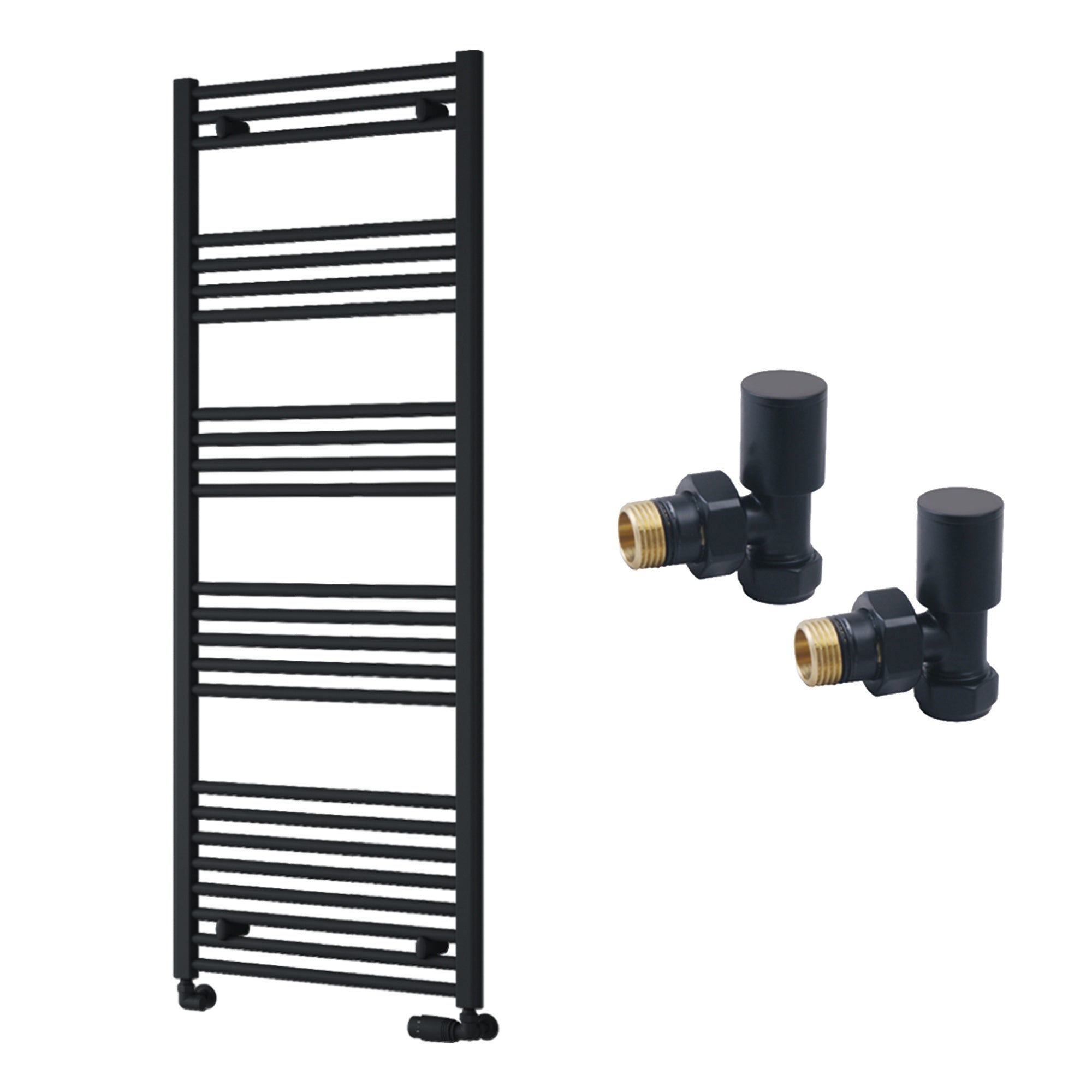 Reina Capo Flat Black Bathroom Heated Towel Rail 1600 x 600mm with Manual Angled Valves - Stylish Mild Steel Ladder Radiator