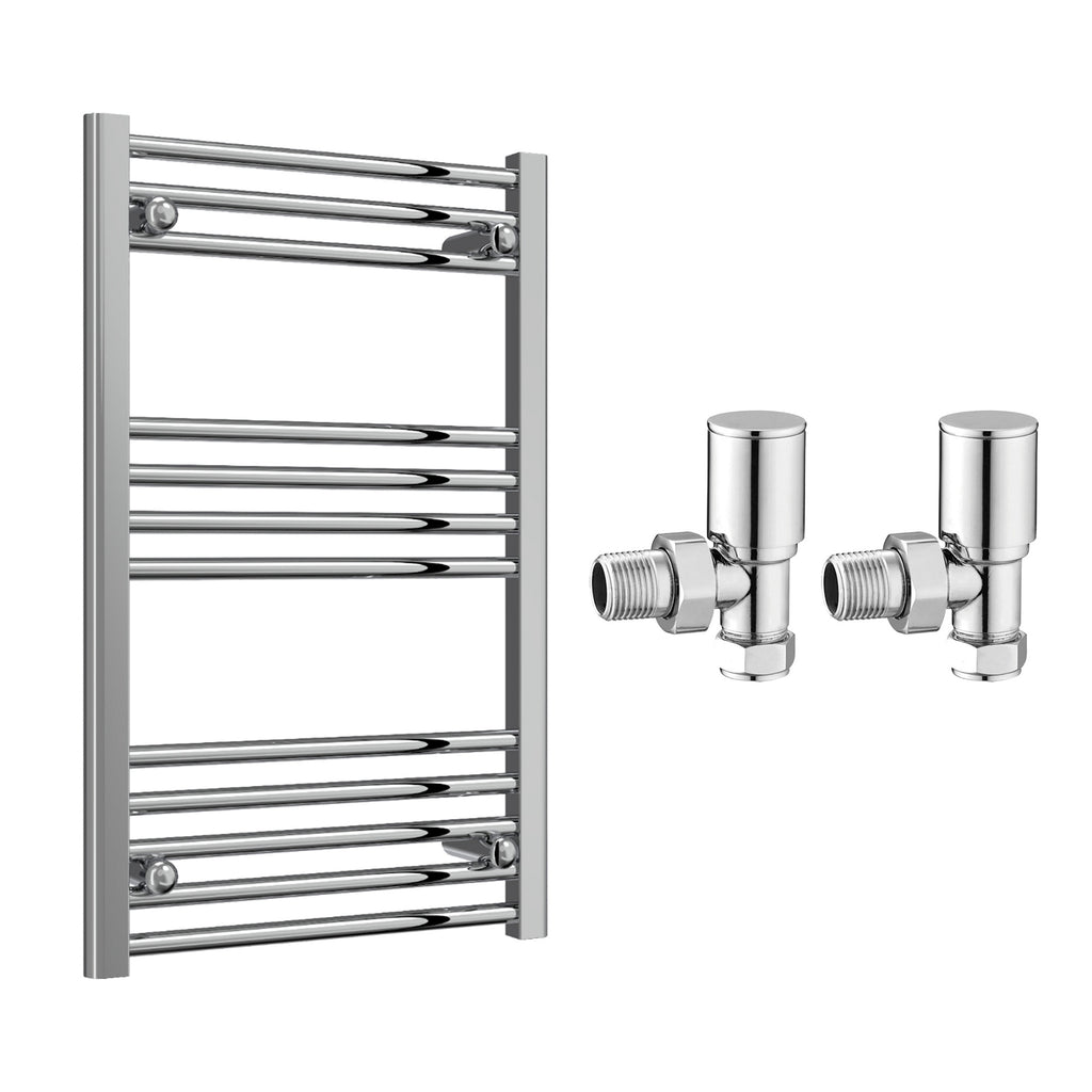Reina Capo Flat Chrome Bathroom Heated Towel Rail 800 x 400mm with Manual Angled Valves - Stylish Mild Steel Ladder Radiator