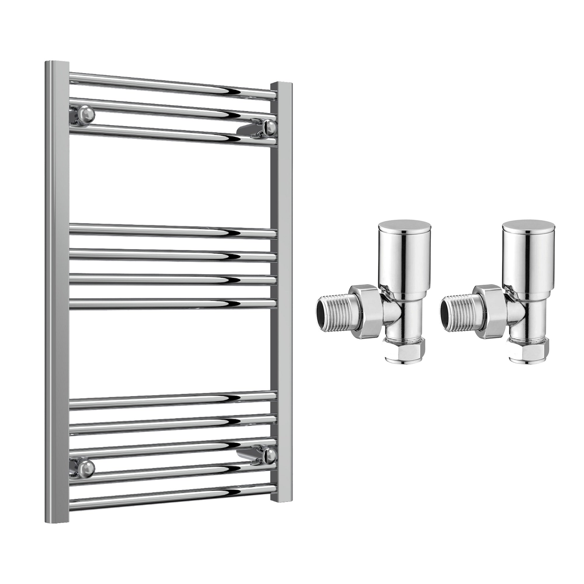 Reina Capo Flat Chrome Bathroom Heated Towel Rail 800 x 500mm with Manual Angled Valves - Stylish Mild Steel Ladder Radiator