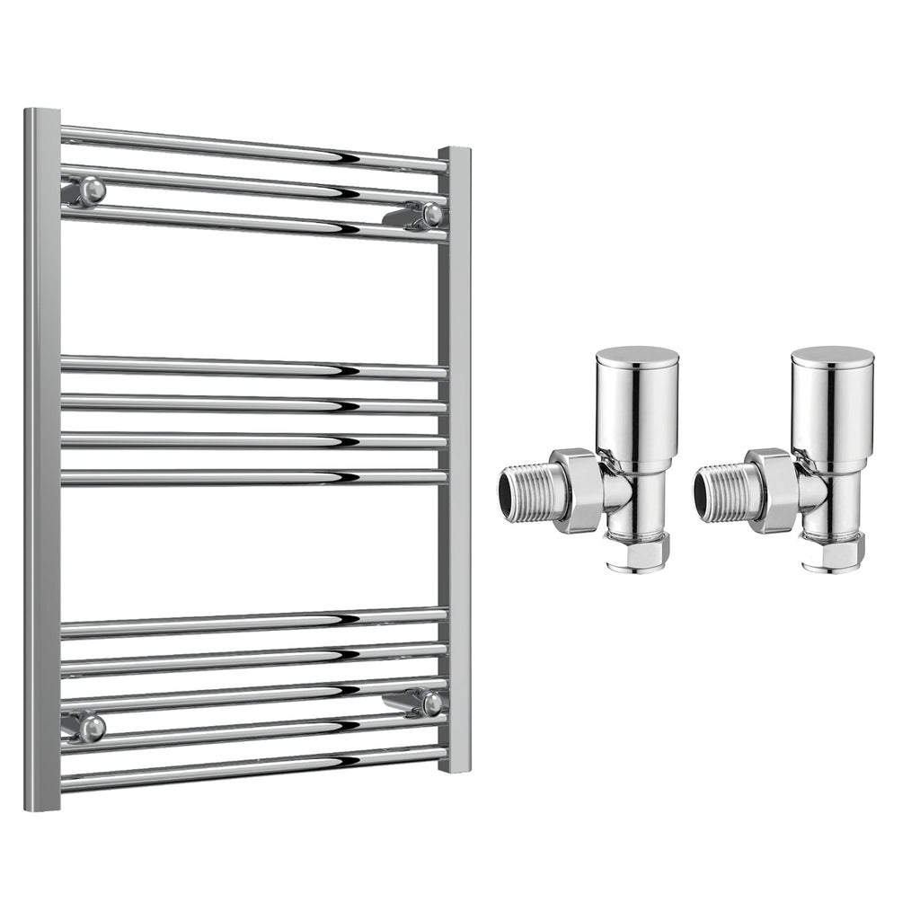 Reina Capo Flat Chrome Bathroom Heated Towel Rail 800 x 600mm with Manual Angled Valves - Stylish Mild Steel Ladder Radiator