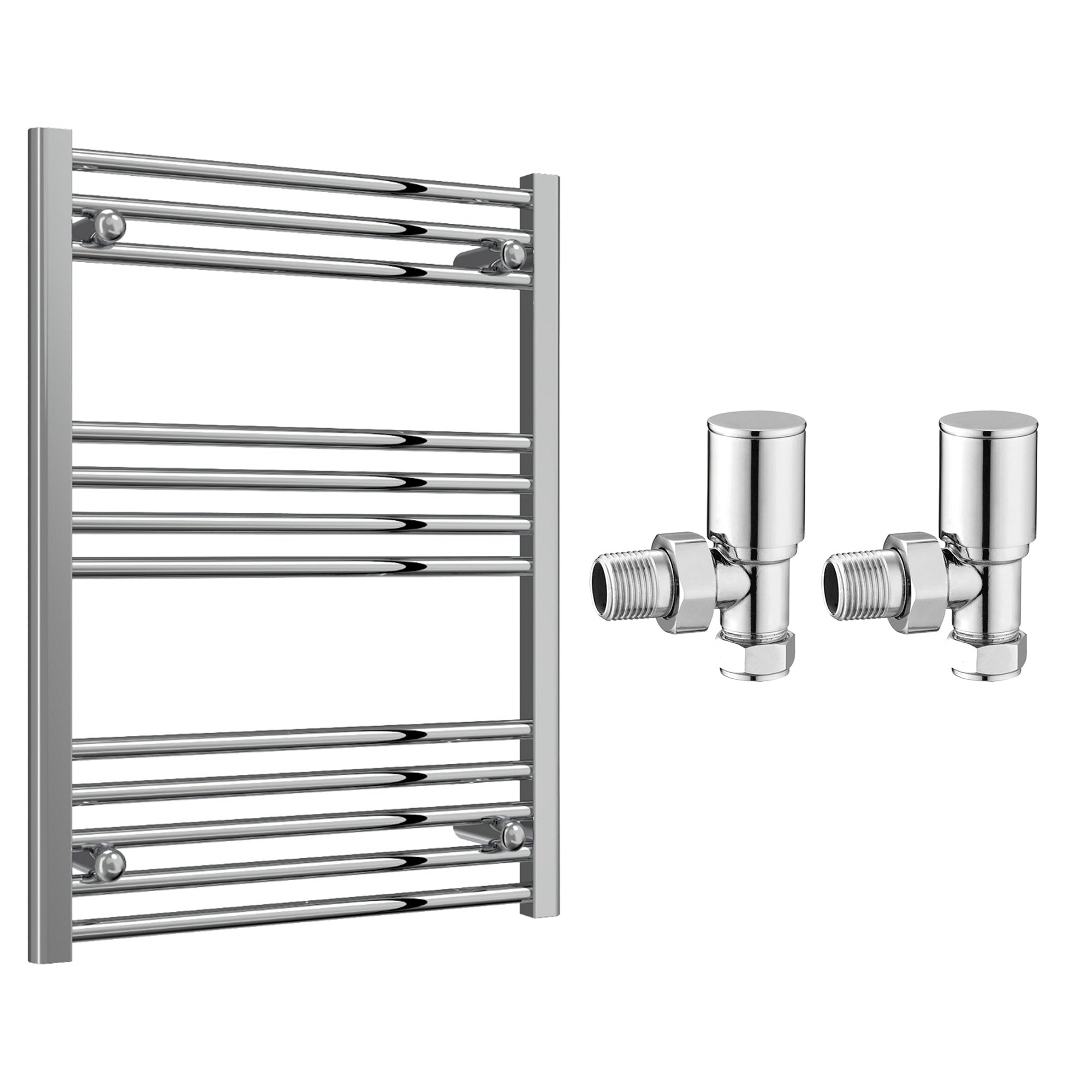 Reina Capo Flat Chrome Bathroom Heated Towel Rail 800 x 600mm with Manual Angled Valves - Stylish Mild Steel Ladder Radiator