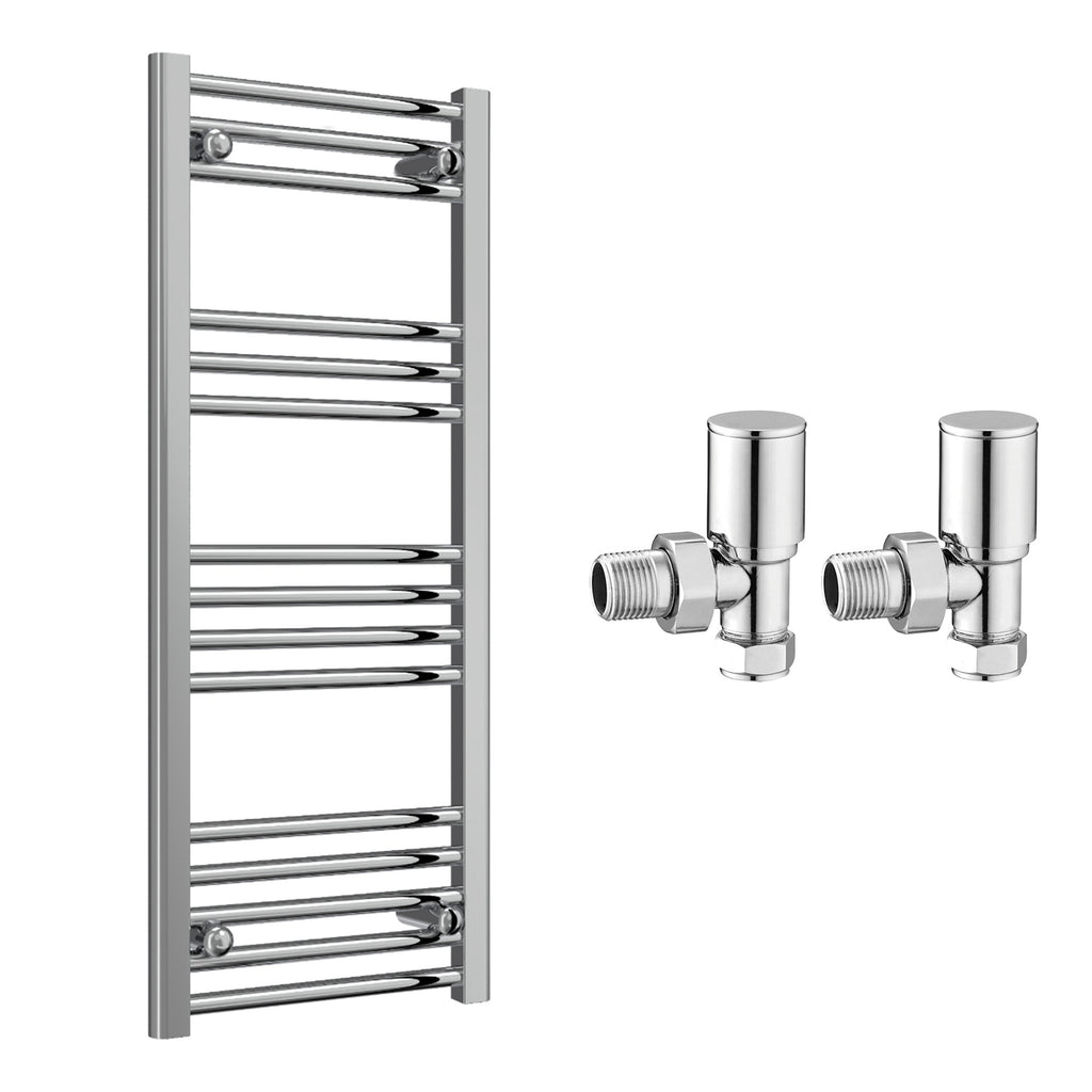 Reina Capo Flat Chrome Bathroom Heated Towel Rail 1000 x 400mm with Manual Angled Valves - Stylish Mild Steel Ladder Radiator