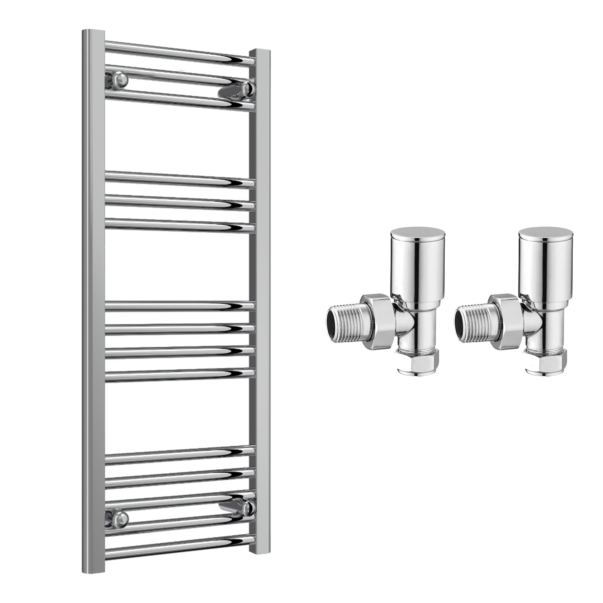 Reina Capo Flat Chrome Bathroom Heated Towel Rail 1000 x 400mm with Manual Angled Valves - Stylish Mild Steel Ladder Radiator