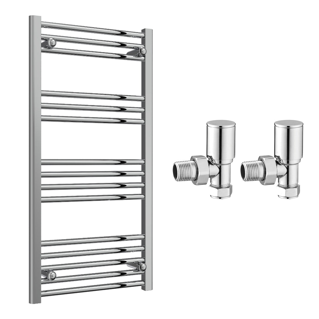 Reina Capo Flat Chrome Bathroom Heated Towel Rail 1000 x 500mm with Manual Angled Valves - Stylish Mild Steel Ladder Radiator