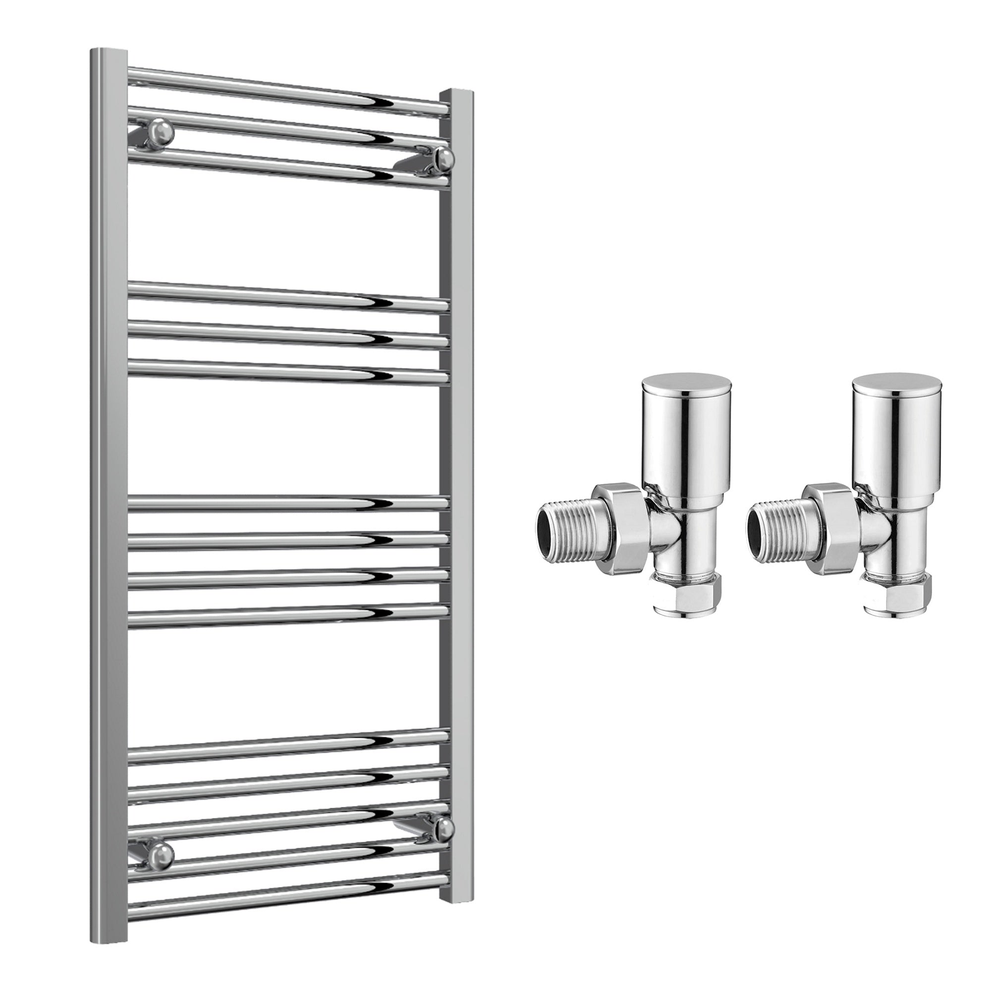 Reina Capo Flat Chrome Bathroom Heated Towel Rail 1000 x 500mm with Manual Angled Valves - Stylish Mild Steel Ladder Radiator