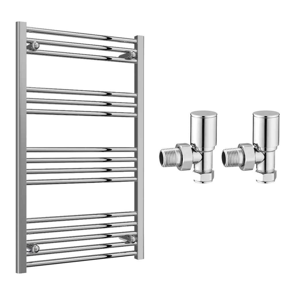 Reina Capo Flat Chrome Bathroom Heated Towel Rail 1000 x 600mm with Manual Angled Valves - Stylish Mild Steel Ladder Radiator