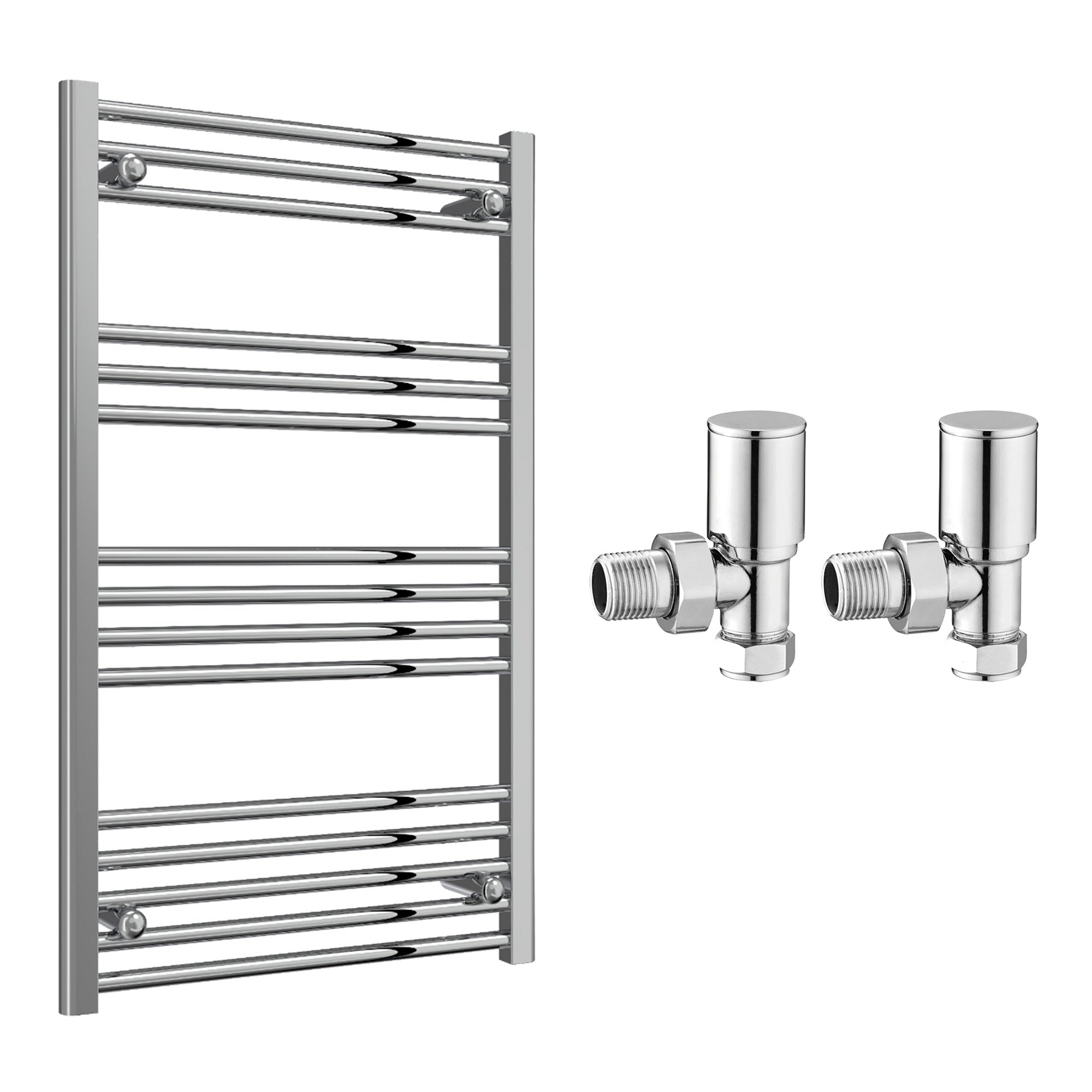 Reina Capo Flat Chrome Bathroom Heated Towel Rail 1000 x 600mm with Manual Angled Valves - Stylish Mild Steel Ladder Radiator