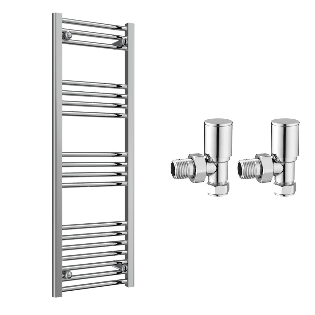 Reina Capo Flat Chrome Bathroom Heated Towel Rail 1200 x 400mm with Manual Angled Valves - Stylish Mild Steel Ladder Radiator