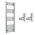 Reina Capo Flat Chrome Bathroom Heated Towel Rail 1200 x 400mm with Manual Angled Valves - Stylish Mild Steel Ladder Radiator