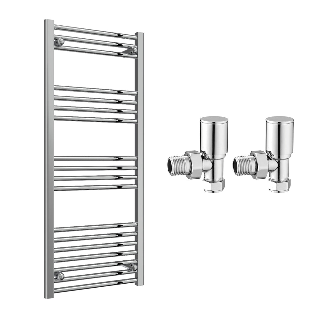 Reina Capo Flat Chrome Bathroom Heated Towel Rail 1200 x 500mm with Manual Angled Valves - Stylish Mild Steel Ladder Radiator