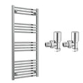 Reina Capo Flat Chrome Bathroom Heated Towel Rail 1200 x 500mm with Manual Angled Valves - Stylish Mild Steel Ladder Radiator