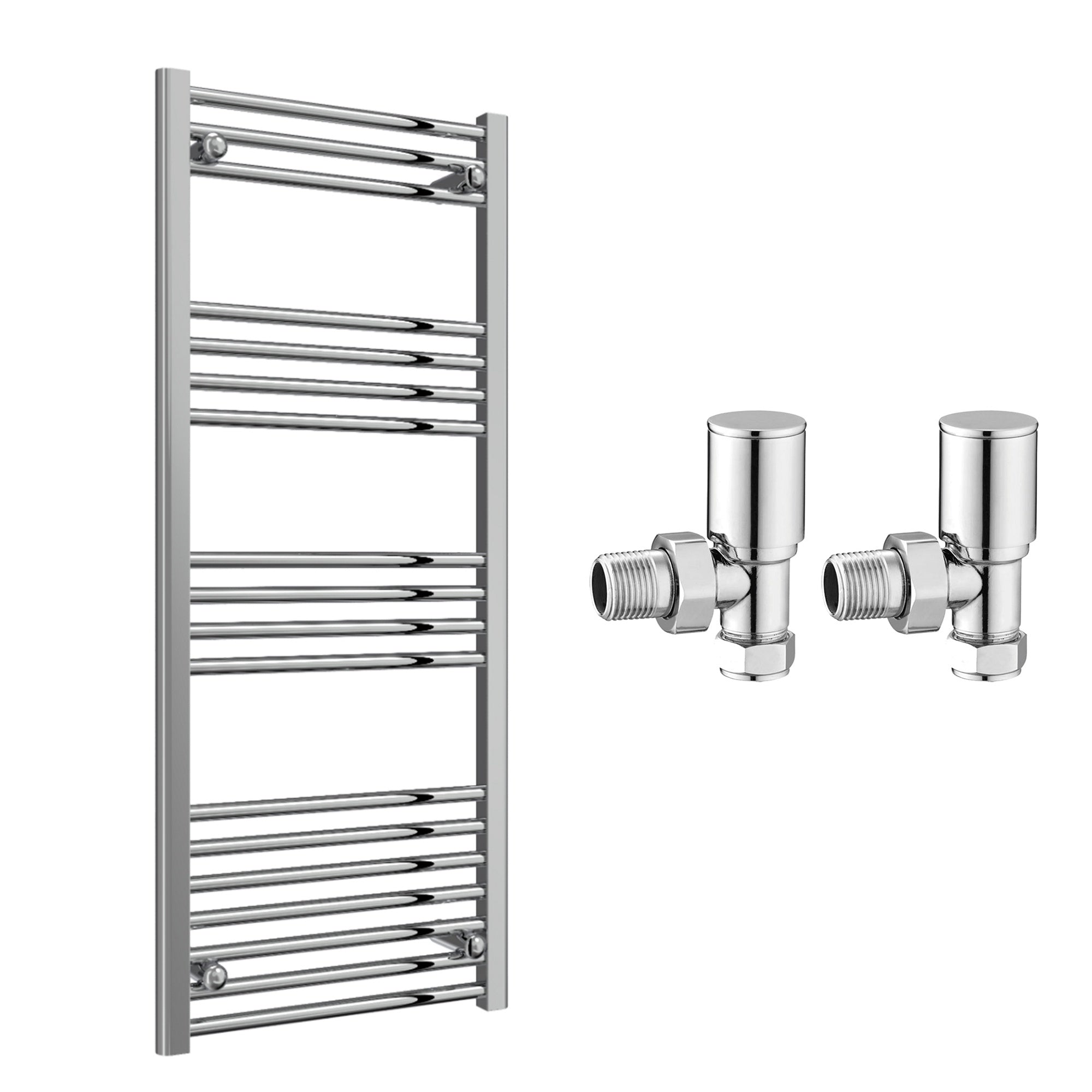Reina Capo Flat Chrome Bathroom Heated Towel Rail 1200 x 500mm with Manual Angled Valves - Stylish Mild Steel Ladder Radiator