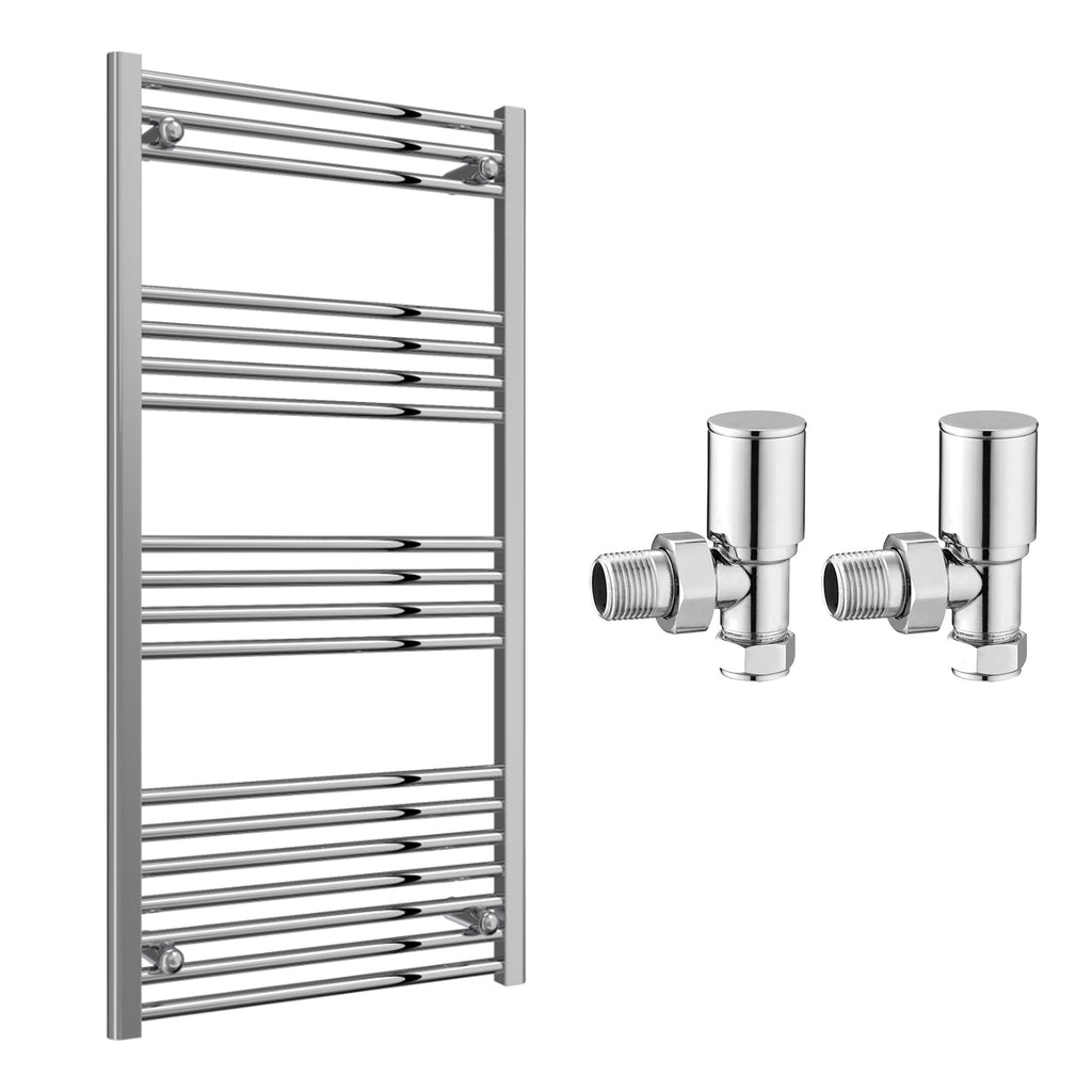 Reina Capo Flat Chrome Bathroom Heated Towel Rail 1200 x 600mm with Manual Angled Valves - Stylish Mild Steel Ladder Radiator