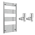 Reina Capo Flat Chrome Bathroom Heated Towel Rail 1200 x 600mm with Manual Angled Valves - Stylish Mild Steel Ladder Radiator
