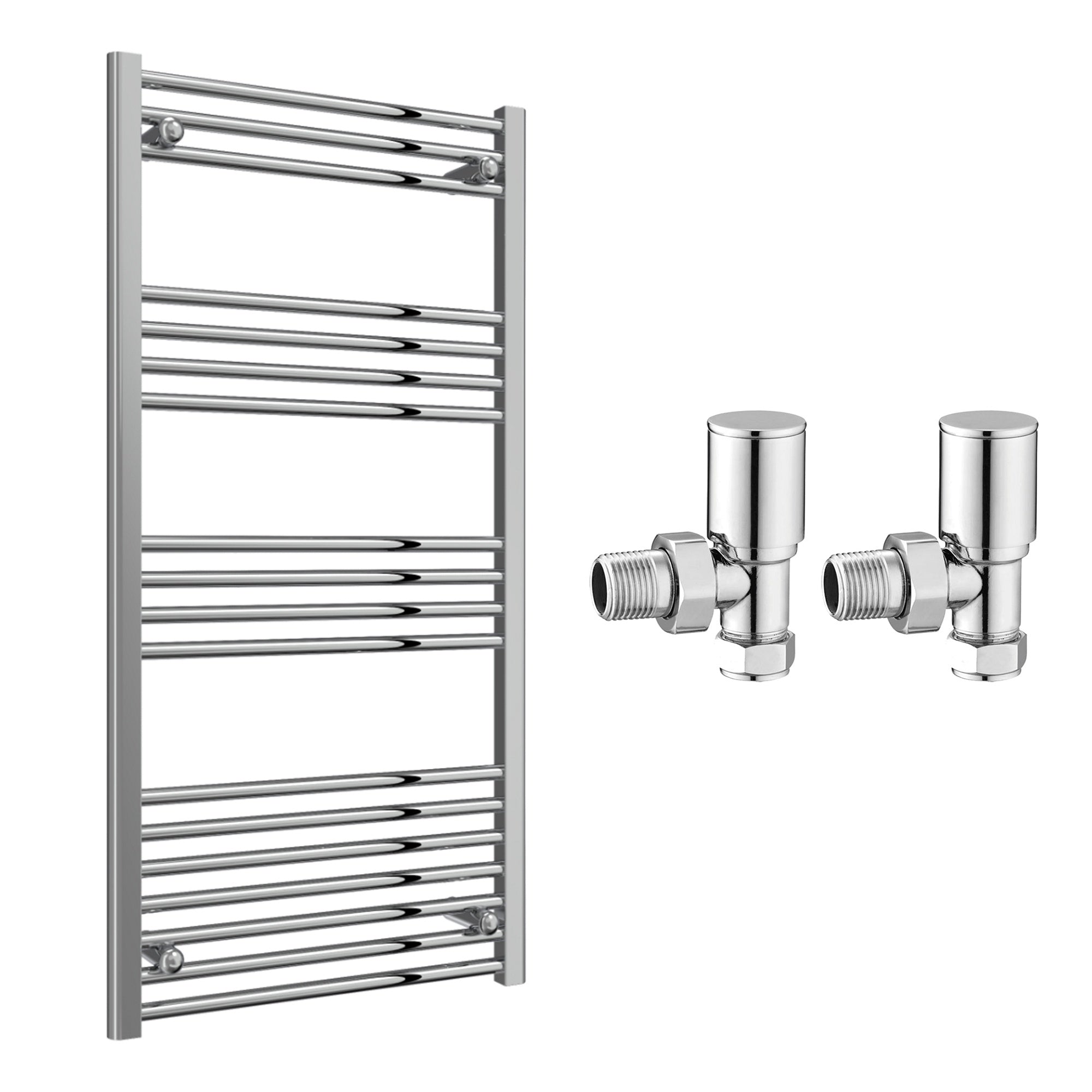 Reina Capo Flat Chrome Bathroom Heated Towel Rail 1200 x 600mm with Manual Angled Valves - Stylish Mild Steel Ladder Radiator