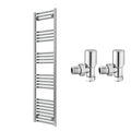Reina Capo Flat Chrome Bathroom Heated Towel Rail 1600 x 400mm with Manual Angled Valves - Stylish Mild Steel Ladder Radiator
