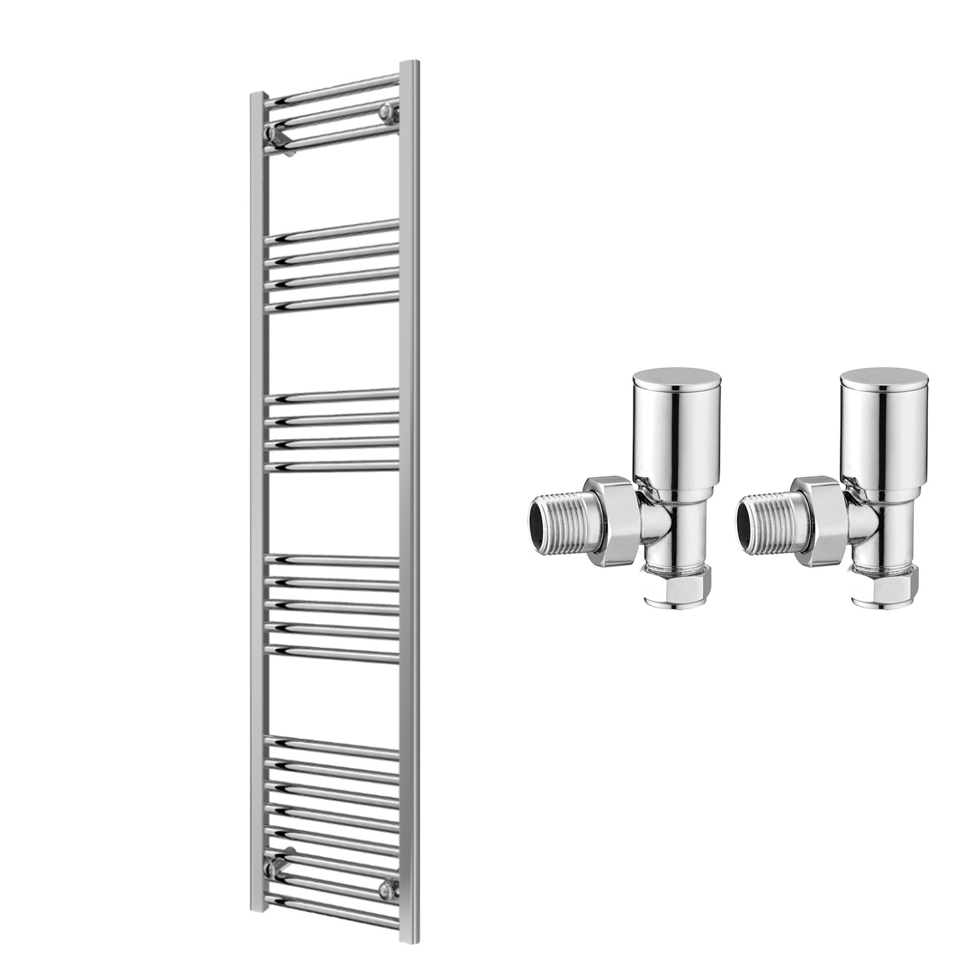 Reina Capo Flat Chrome Bathroom Heated Towel Rail 1600 x 400mm with Manual Angled Valves - Stylish Mild Steel Ladder Radiator