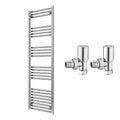 Reina Capo Flat Chrome Bathroom Heated Towel Rail 1600 x 500mm with Manual Angled Valves - Stylish Mild Steel Ladder Radiator