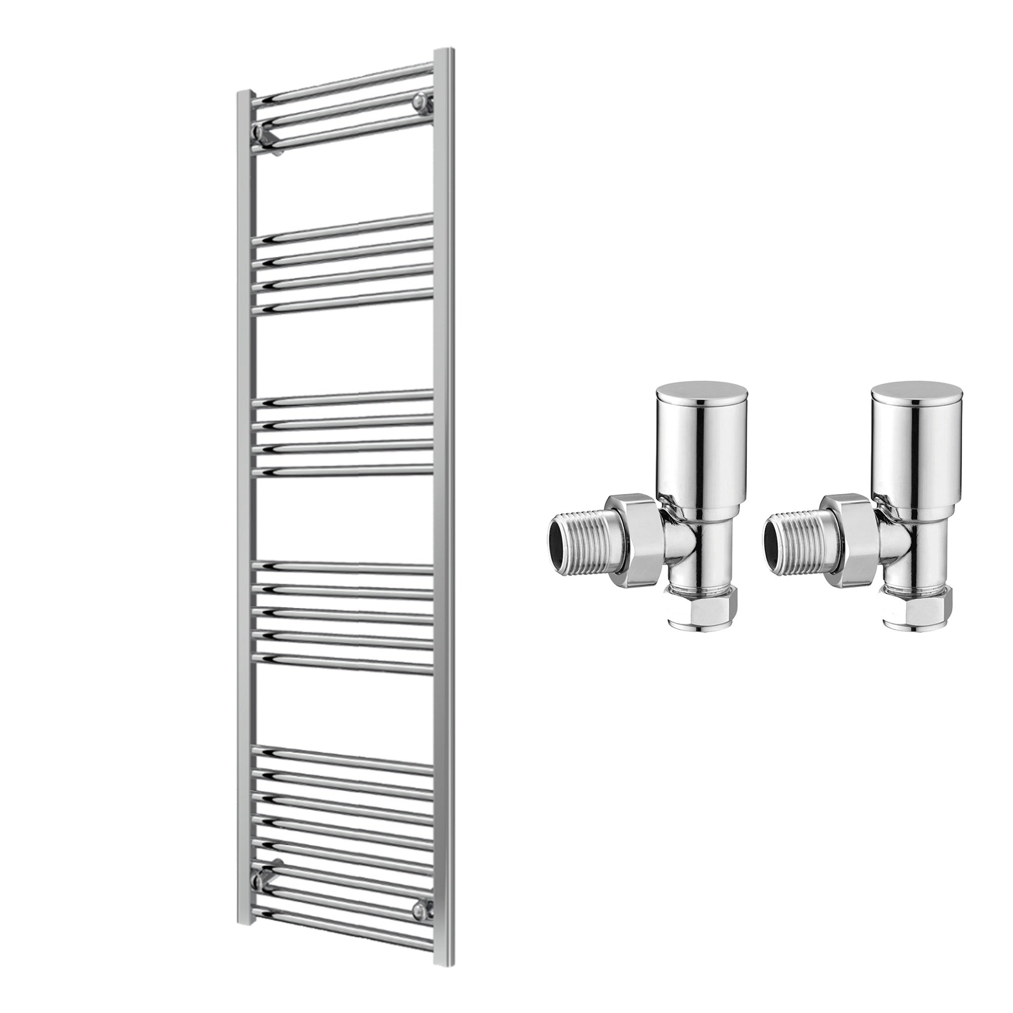 Reina Capo Flat Chrome Bathroom Heated Towel Rail 1600 x 500mm with Manual Angled Valves - Stylish Mild Steel Ladder Radiator