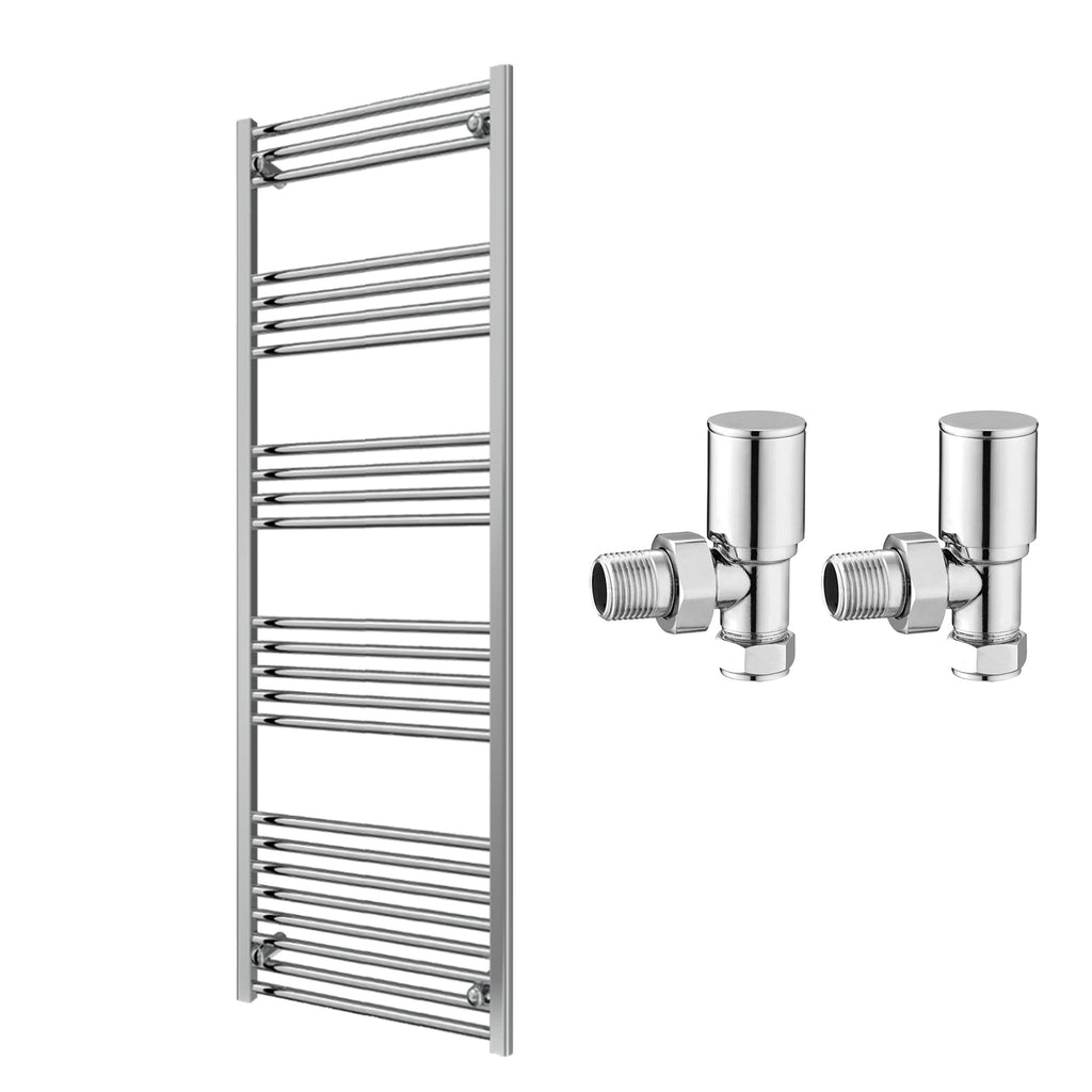 Reina Capo Flat Chrome Bathroom Heated Towel Rail 1600 x 600mm with Manual Angled Valves - Stylish Mild Steel Ladder Radiator