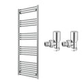 Reina Capo Flat Chrome Bathroom Heated Towel Rail 1600 x 600mm with Manual Angled Valves - Stylish Mild Steel Ladder Radiator